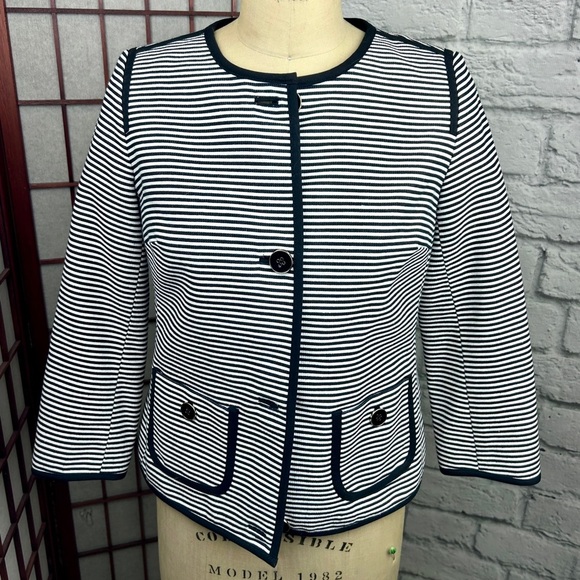 Black and White Stripe Suit Coat Business Jacket Ladies Work Talbots 2P Blazer - Picture 7 of 10